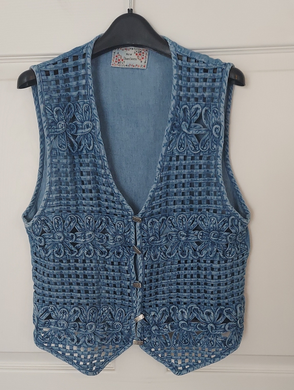 Denim Open Weave Vest Cutwork Floral Boho Western Vintage Style